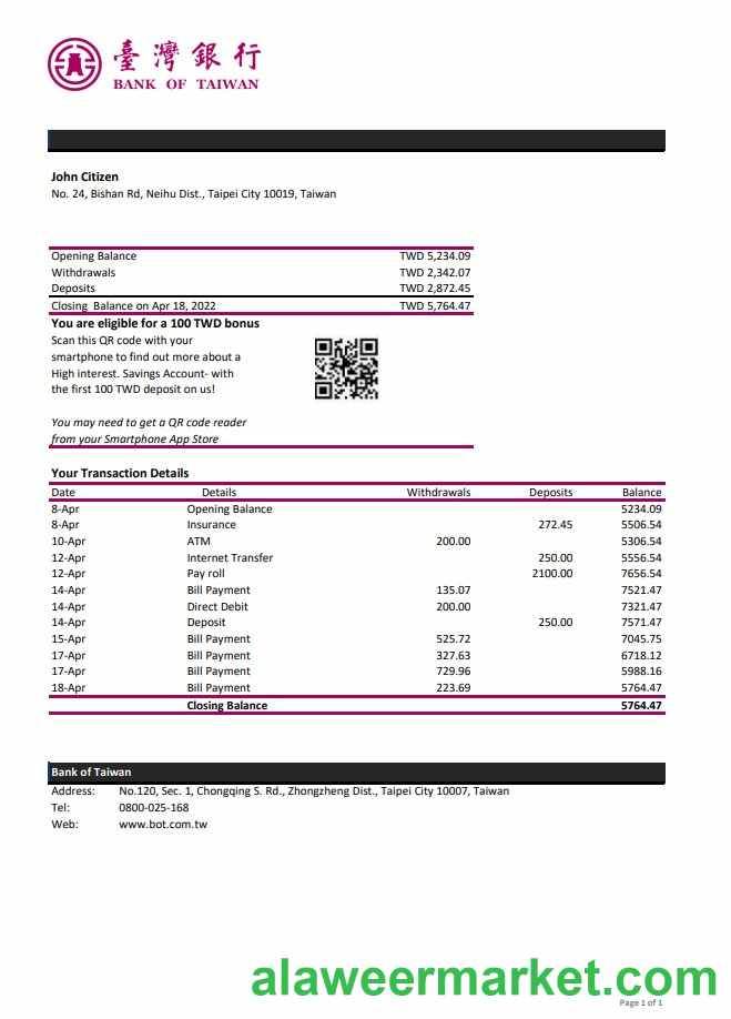 Taiwan Bank of Taiwan bank statement xls
